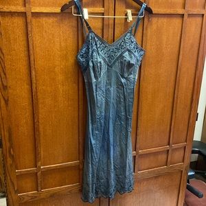 Vintage embroidered navy greenish blue denim looking tea dyed slip dress S-M